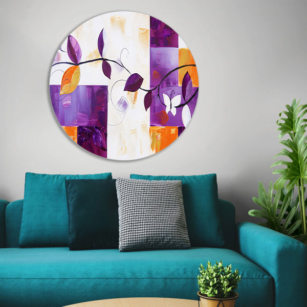 Kleurrijk abstract schilderij met bladeren en vlinder aluminium muurcirkel