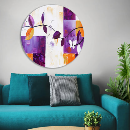Kleurrijk abstract schilderij met bladeren en vlinder aluminium muurcirkel