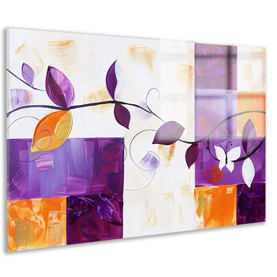 Kleurrijk abstract schilderij met bladeren en vlinder acrylglas