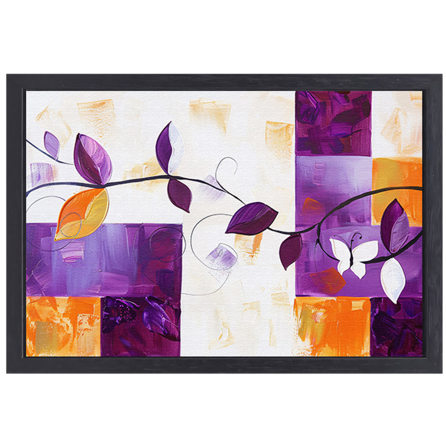 Kleurrijk abstract schilderij met bladeren en vlinder canvas met baklijst