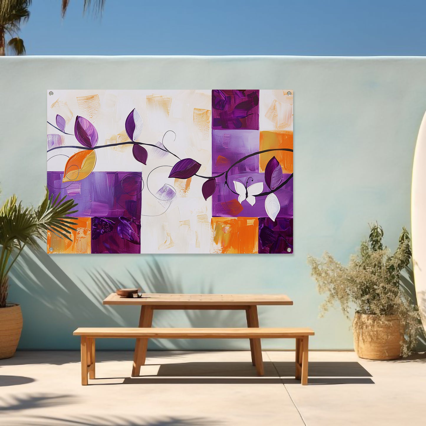 Kleurrijk abstract schilderij met bladeren en vlinder tuinposter