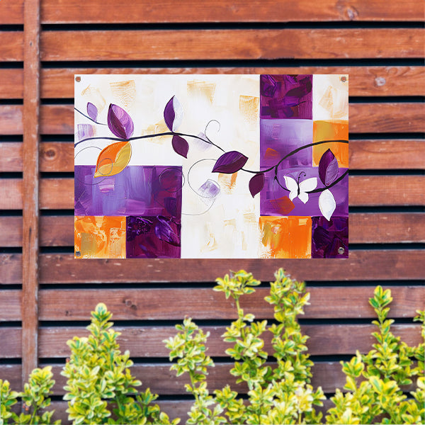 Kleurrijk abstract schilderij met bladeren en vlinder tuinposter