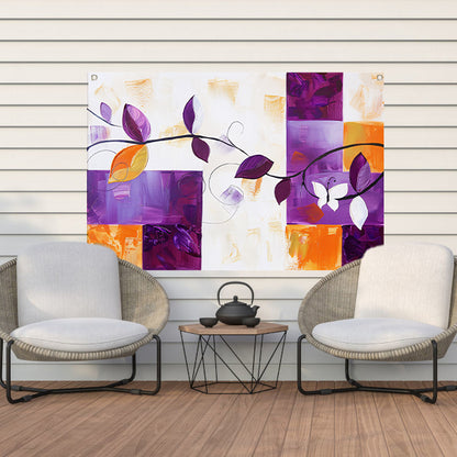 Kleurrijk abstract schilderij met bladeren en vlinder tuinposter