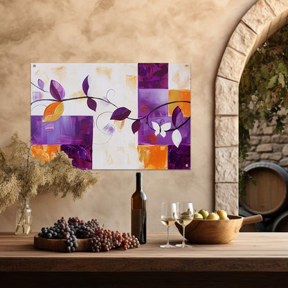 Kleurrijk abstract schilderij met bladeren en vlinder tuinposter
