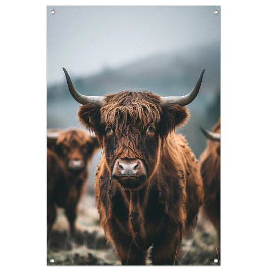 Schotse Hooglander in mistig landschap tuinposter