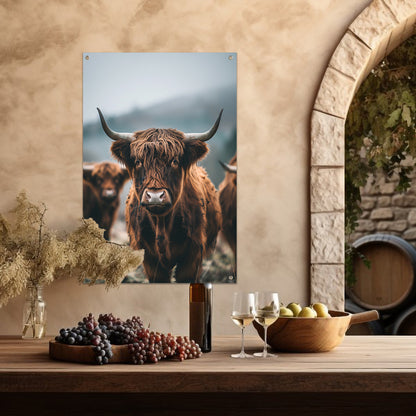Schotse Hooglander in mistig landschap tuinposter