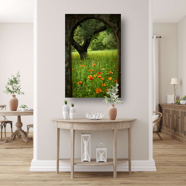 Bloemenweide met boom in boog poster