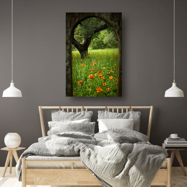 Bloemenweide met boom in boog poster