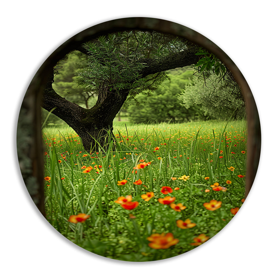 Bloemenweide met boom in boog forex muurcirkel