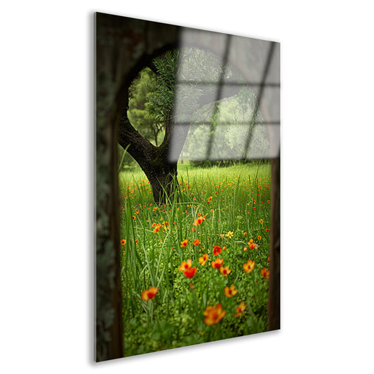 Bloemenweide met boom in boog acrylglas