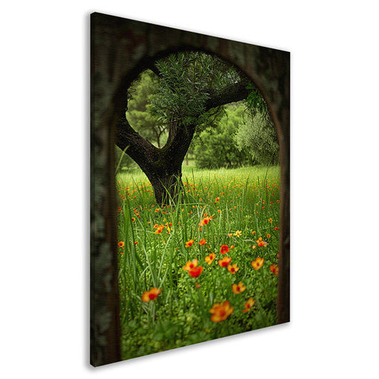 Bloemenweide met boom in boog canvas