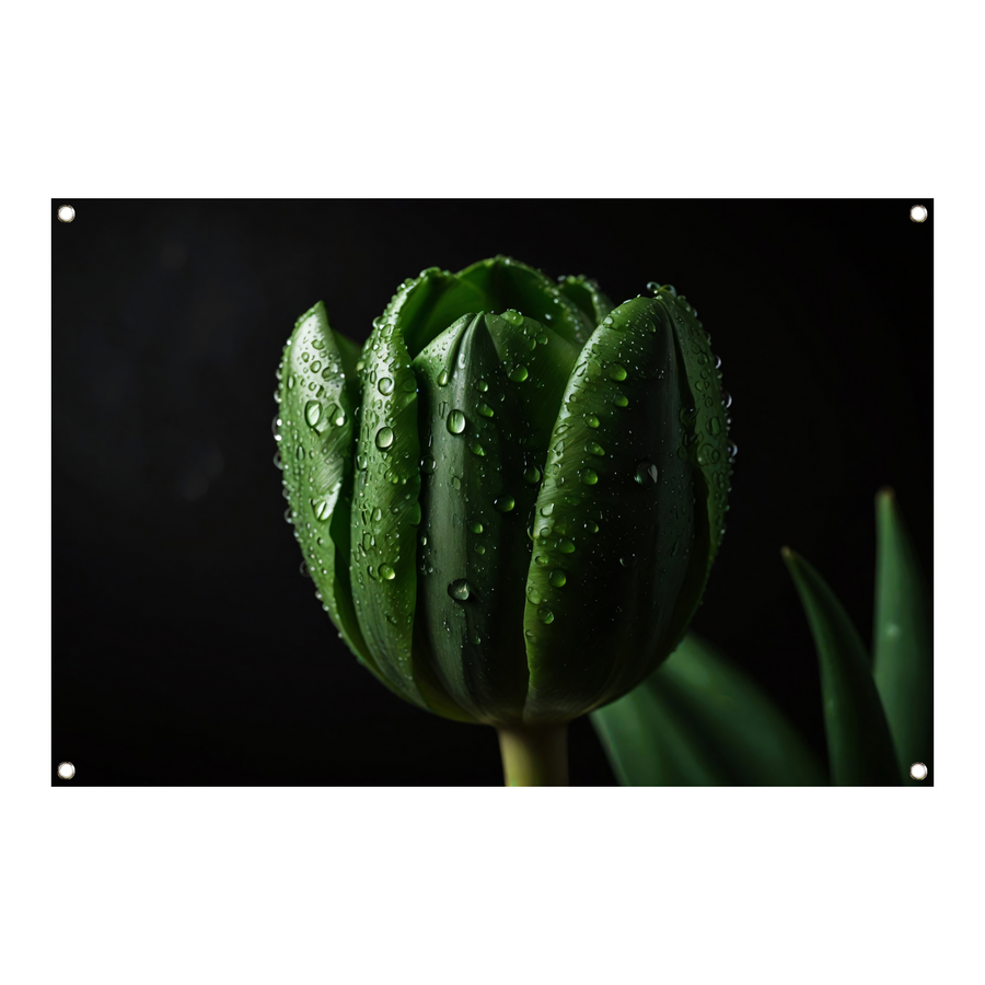 Donkergroene Tulp met Dauw op Zwart tuinposter