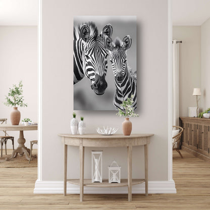 Zebra moeder en veulen in zwart-wit canvas met baklijst