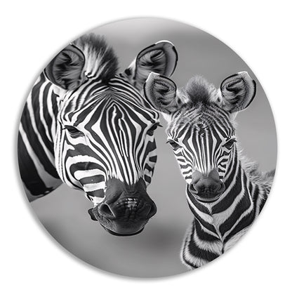 Zebra moeder en veulen in zwart-wit aluminium muurcirkel