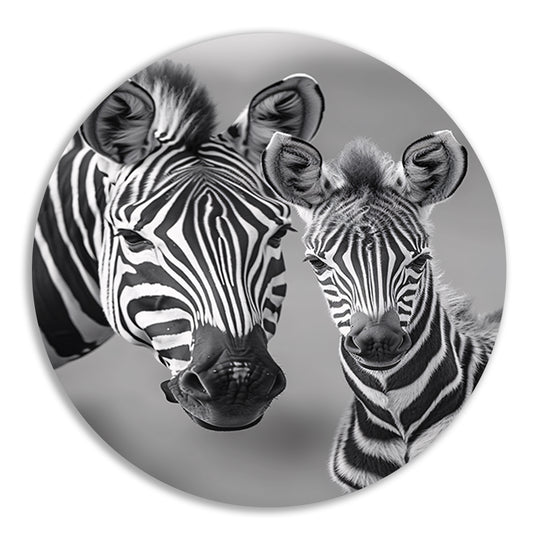 Zebra moeder en veulen in zwart-wit aluminium muurcirkel