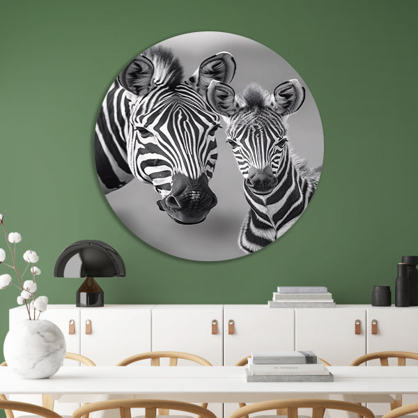 Zebra moeder en veulen in zwart-wit aluminium muurcirkel