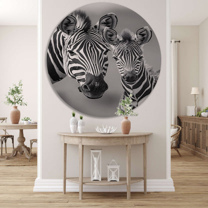 Zebra moeder en veulen in zwart-wit aluminium muurcirkel