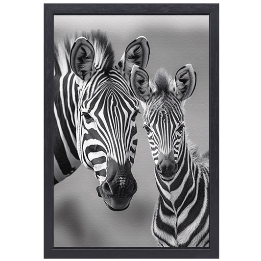 Zebra moeder en veulen in zwart-wit canvas met baklijst