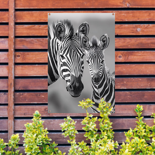 Zebra moeder en veulen in zwart-wit tuinposter