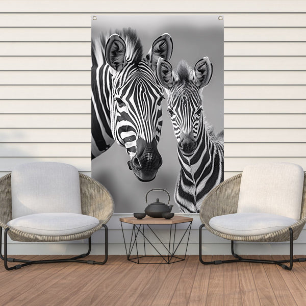 Zebra moeder en veulen in zwart-wit tuinposter