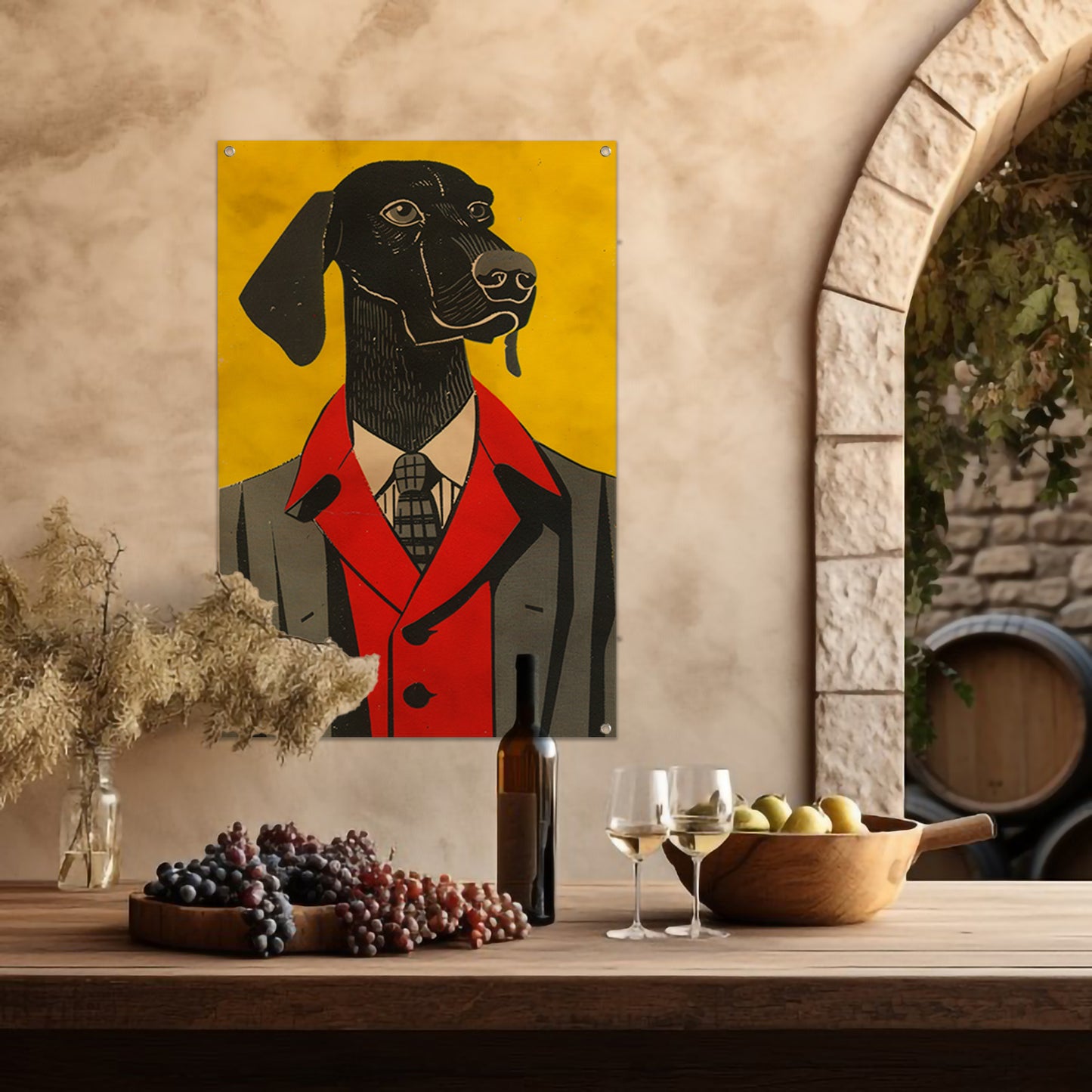 Modern Hond in Pak Kunstwerk tuinposter