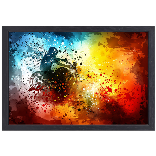 Abstracte Motorrijder in Eplosie van Kleur canvas met baklijst