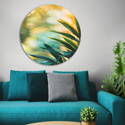 Groene bladeren in warm zonlicht aluminium muurcirkel