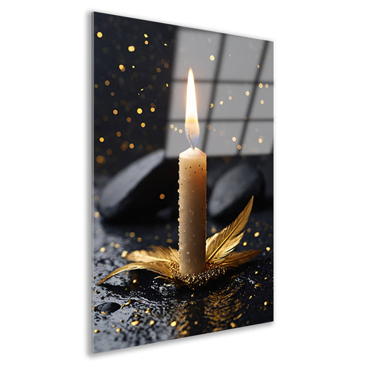 Kaarslicht met Gouden Veer op Zwarte Ondergrond acrylglas
