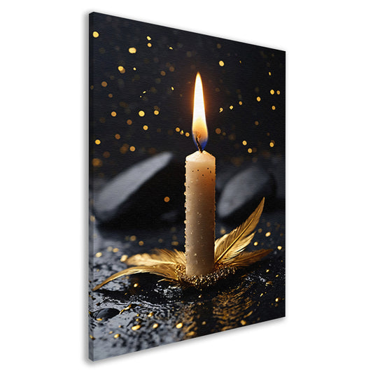 Kaarslicht met Gouden Veer op Zwarte Ondergrond canvas