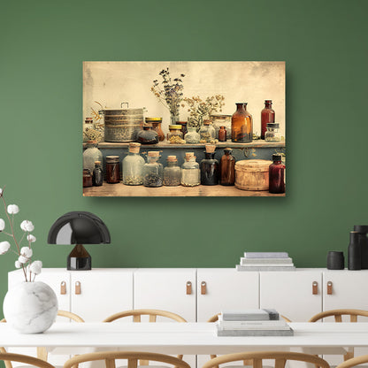 Vintage kruiden en glazen flessen op plank poster