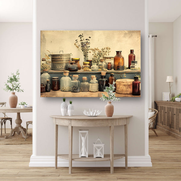 Vintage kruiden en glazen flessen op plank poster
