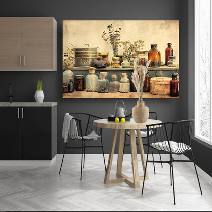 Vintage kruiden en glazen flessen op plank poster