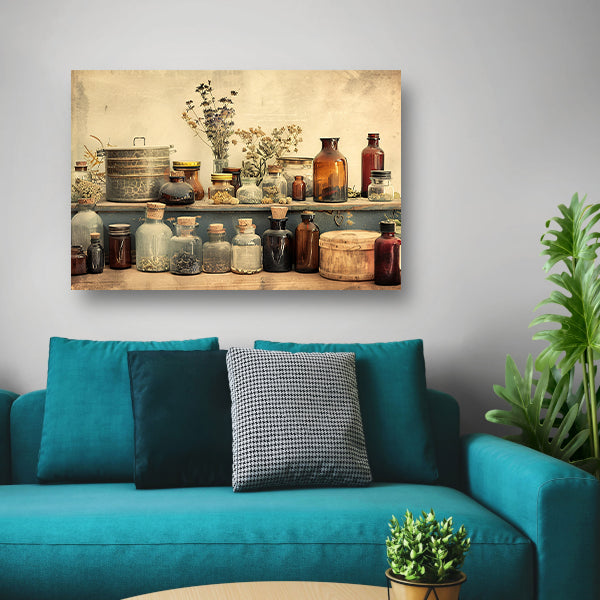 Vintage kruiden en glazen flessen op plank poster