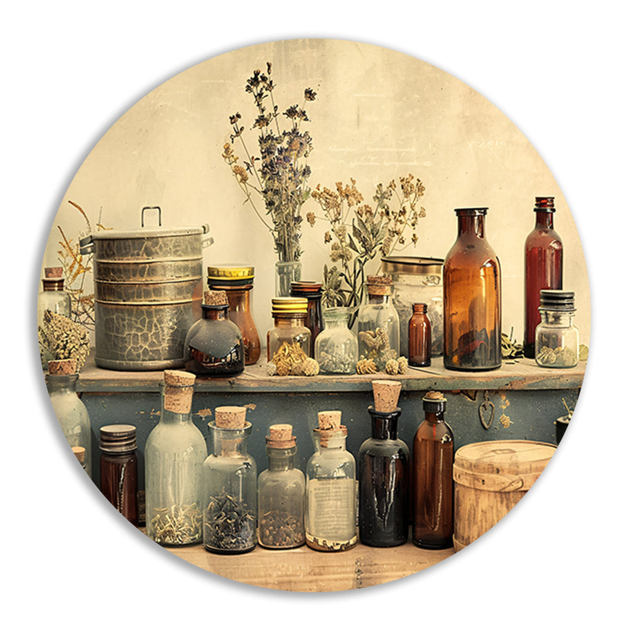 Vintage kruiden en glazen flessen op plank forex muurcirkel