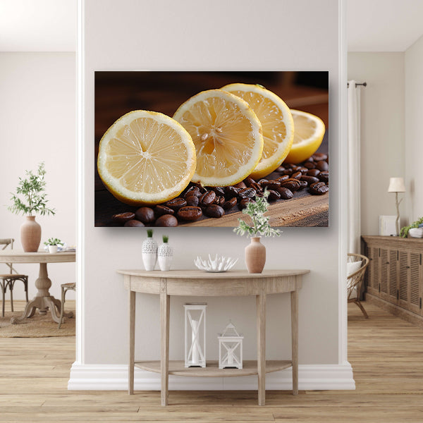 Citroenen en koffiebonen stilleven canvas met baklijst