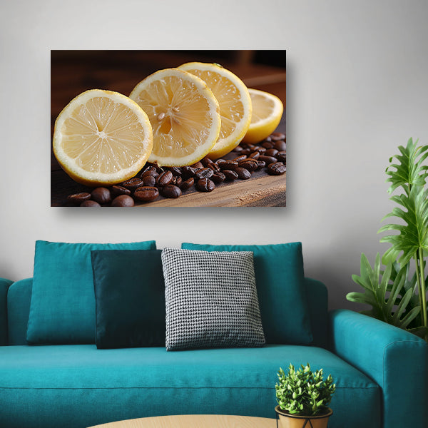 Citroenen en koffiebonen stilleven canvas met baklijst
