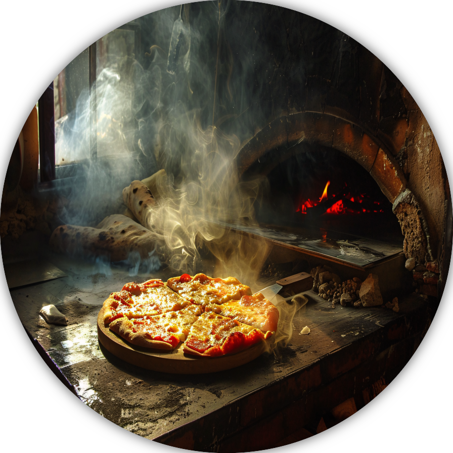Huisgemaakte pizza in traditionele oven aluminium muurcirkel