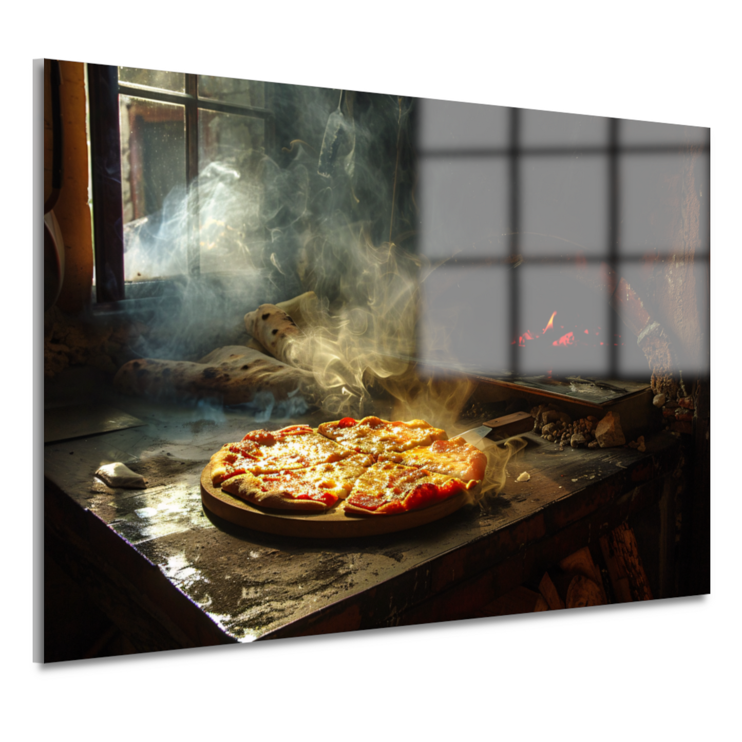 Huisgemaakte pizza in traditionele oven acrylglas
