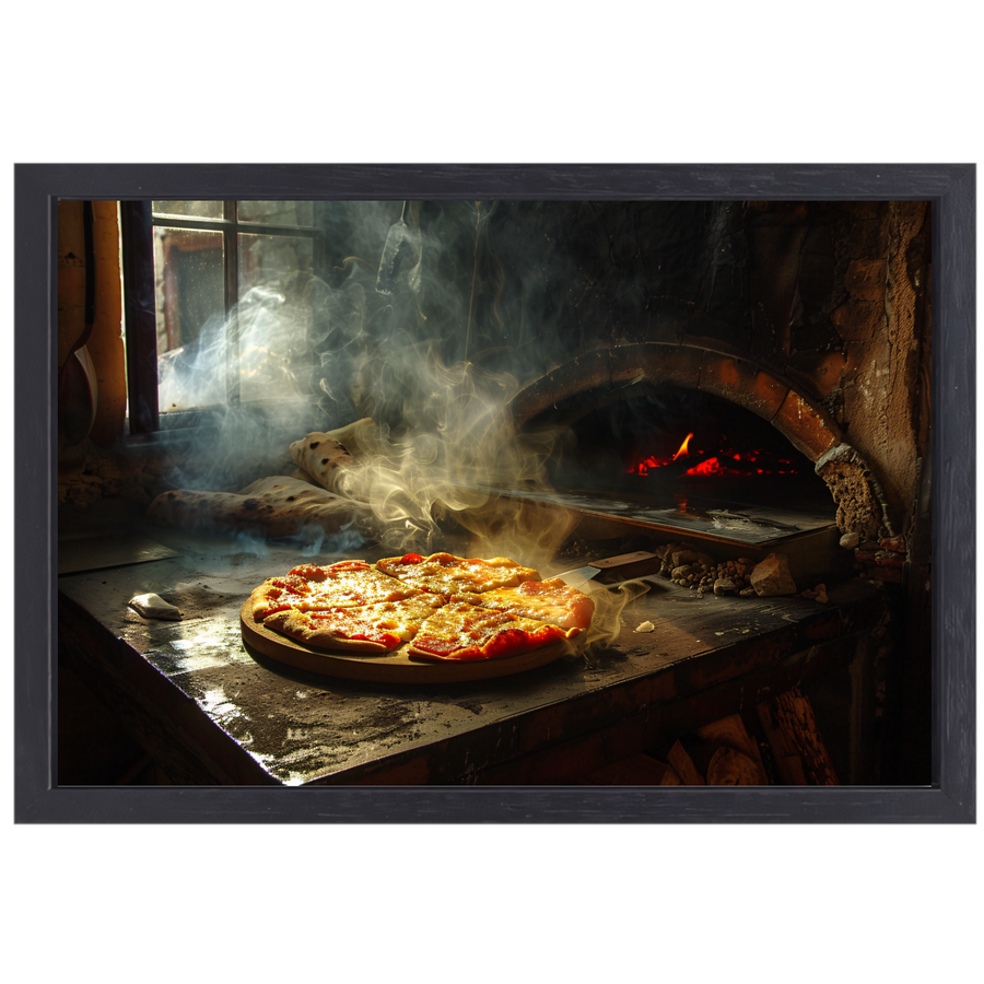 Huisgemaakte pizza in traditionele oven canvas met baklijst