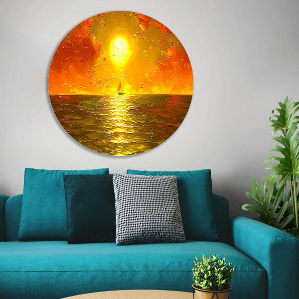Prachtige zonsondergang met zeilboot op zee aluminium muurcirkel