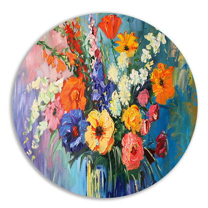 Impressionistisch schilderij van kleurrijke bloemen in vaas aluminium muurcirkel