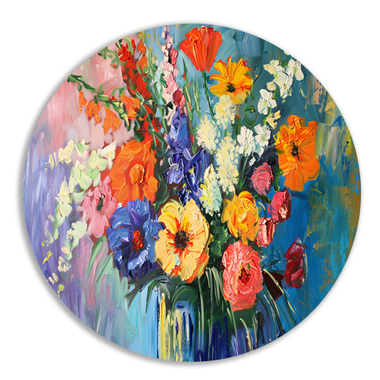 Impressionistisch schilderij van kleurrijke bloemen in vaas aluminium muurcirkel