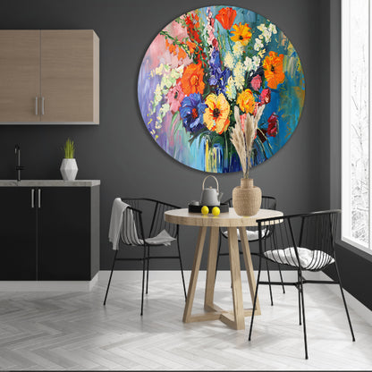 Impressionistisch schilderij van kleurrijke bloemen in vaas aluminium muurcirkel