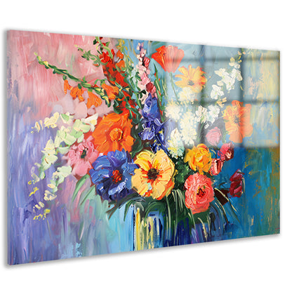 Impressionistisch schilderij van kleurrijke bloemen in vaas acrylglas