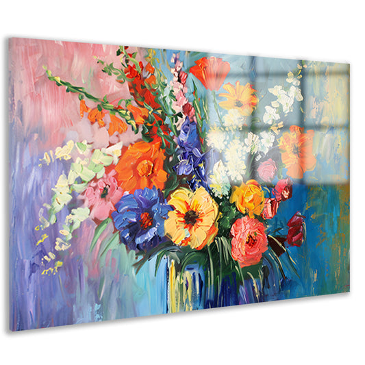 Impressionistisch schilderij van kleurrijke bloemen in vaas acrylglas