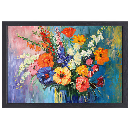 Impressionistisch schilderij van kleurrijke bloemen in vaas canvas met baklijst