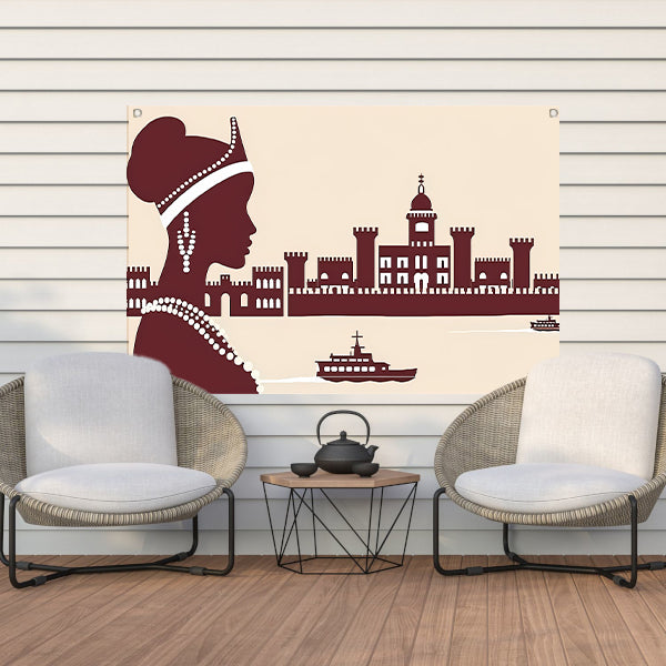 Elegant silhouet van Afrikaanse vrouw met kasteel tuinposter