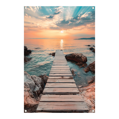 Rustieke houten steiger tijdens een kleurrijke zonsondergang tuinposter