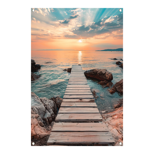 Rustieke houten steiger tijdens een kleurrijke zonsondergang tuinposter