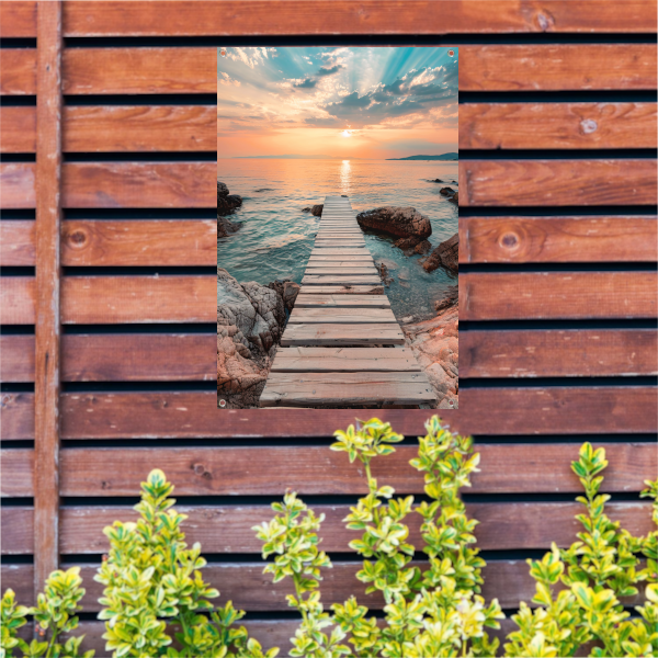 Rustieke houten steiger tijdens een kleurrijke zonsondergang tuinposter